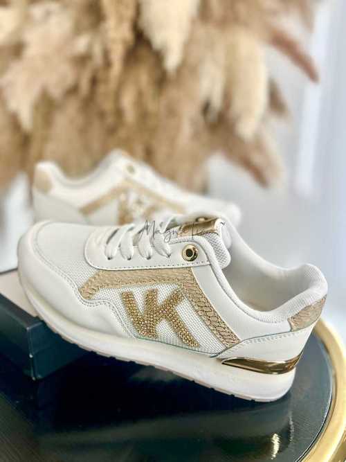 B205 Sneakersy Damskie Białe Adidasy Modne Buty Sportowe Złote Dodatki