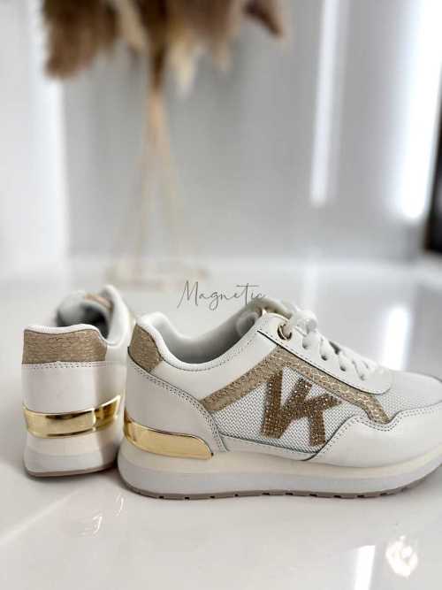 B205 Sneakersy Damskie Białe Adidasy Modne Buty Sportowe Złote Dodatki