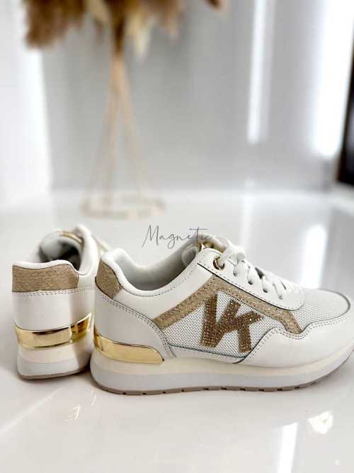 B205 Sneakersy Damskie Białe Adidasy Modne Buty Sportowe Złote Dodatki