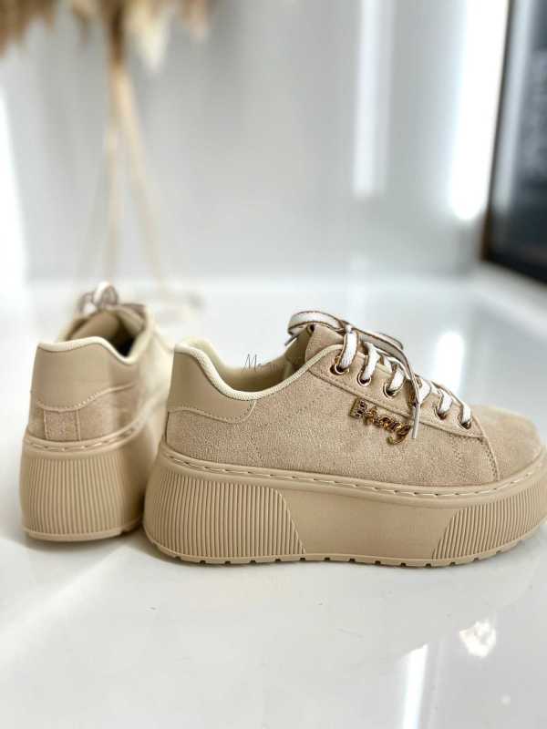 B204 Sneakersy Damskie Beżowe Na Platformie – Modne Buty Sportowe z Cyrkoniami i Złotymi Dodatkami, Ekoskóra Zamszowa
