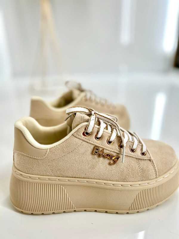B204 Sneakersy Damskie Beżowe Na Platformie – Modne Buty Sportowe z Cyrkoniami i Złotymi Dodatkami, Ekoskóra Zamszowa