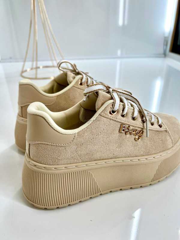 B204 Sneakersy Damskie Beżowe Na Platformie – Modne Buty Sportowe z Cyrkoniami i Złotymi Dodatkami, Ekoskóra Zamszowa