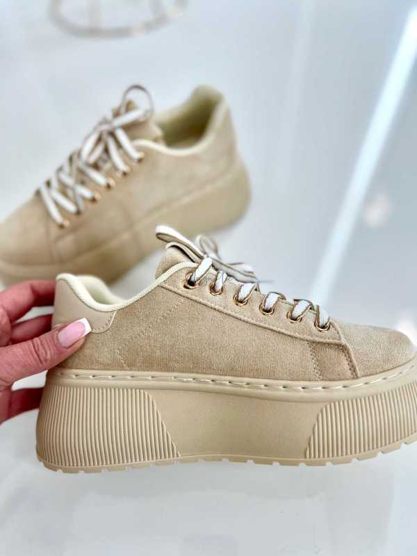 B204 Sneakersy Damskie Beżowe Na Platformie – Modne Buty Sportowe z Cyrkoniami i Złotymi Dodatkami, Ekoskóra Zamszowa