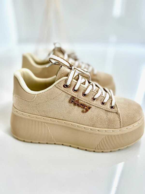 B204 Sneakersy Damskie Beżowe Na Platformie – Modne Buty Sportowe z Cyrkoniami i Złotymi Dodatkami, Ekoskóra Zamszowa
