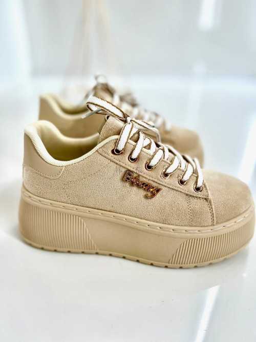B204 Sneakersy Damskie Beżowe Na Platformie – Modne Buty Sportowe z Cyrkoniami i Złotymi Dodatkami, Ekoskóra Zamszowa