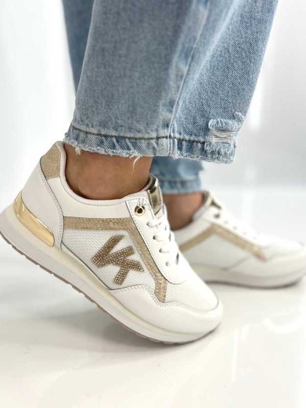 B205 Sneakersy Damskie Białe Adidasy Modne Buty Sportowe Złote Dodatki