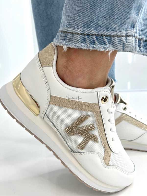 B205 Sneakersy Damskie Białe Adidasy Modne Buty Sportowe Złote Dodatki