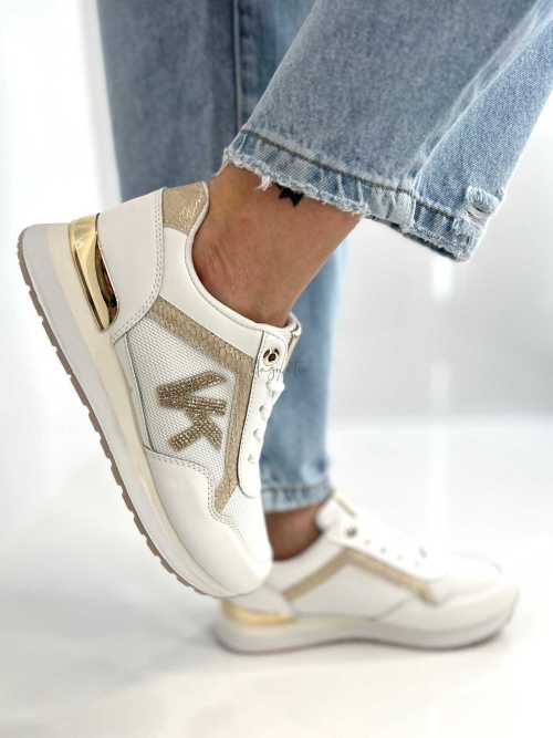 B205 Sneakersy Damskie Białe Adidasy Modne Buty Sportowe Złote Dodatki