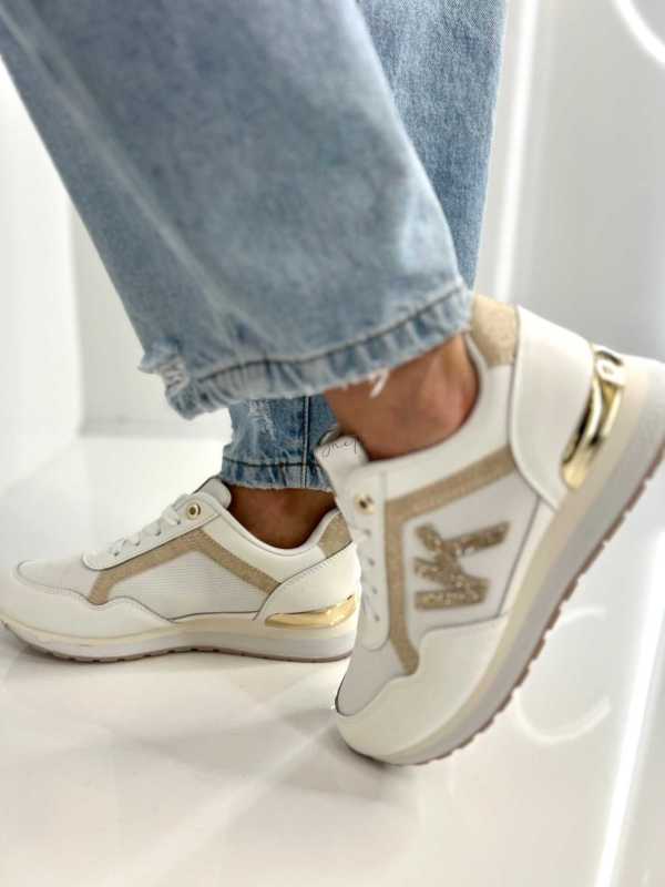 B205 Sneakersy Damskie Białe Adidasy Modne Buty Sportowe Złote Dodatki