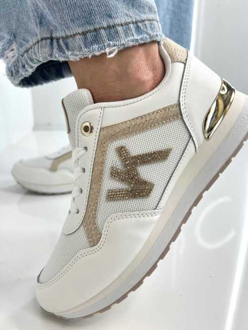 B205 Sneakersy Damskie Białe Adidasy Modne Buty Sportowe Złote Dodatki