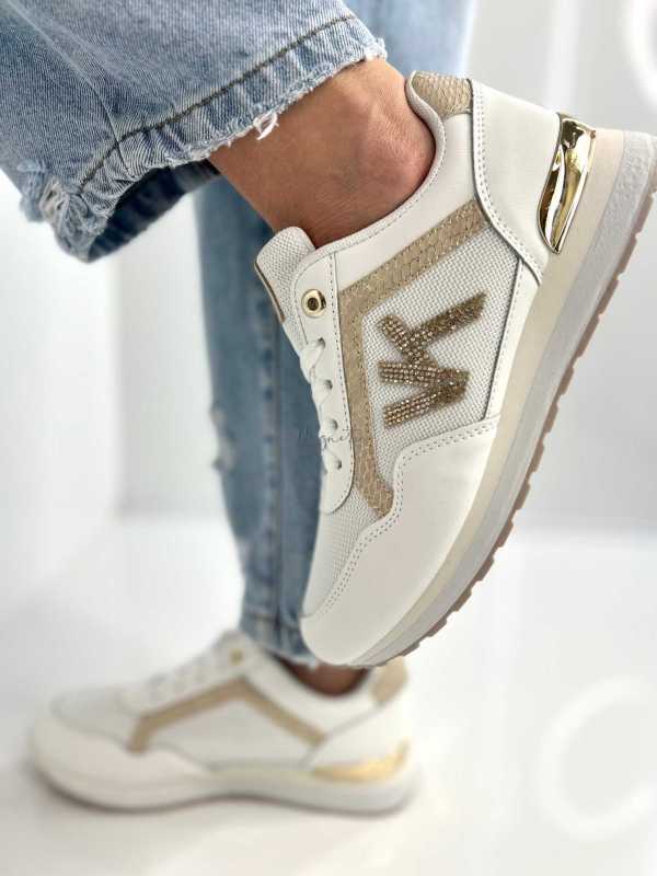 B205 Sneakersy Damskie Białe Adidasy Modne Buty Sportowe Złote Dodatki