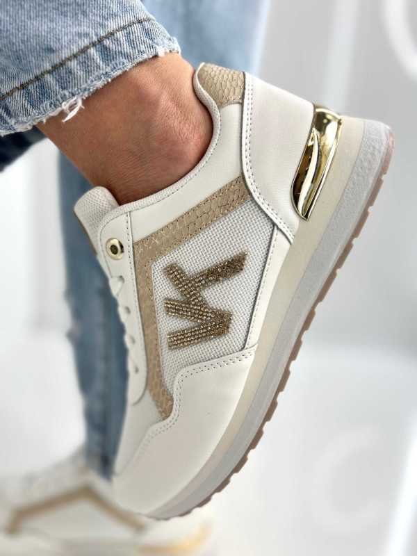 B205 Sneakersy Damskie Białe Adidasy Modne Buty Sportowe Złote Dodatki