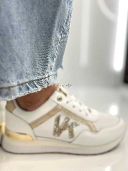 B205 Sneakersy Damskie Białe Adidasy Modne Buty Sportowe Złote Dodatki