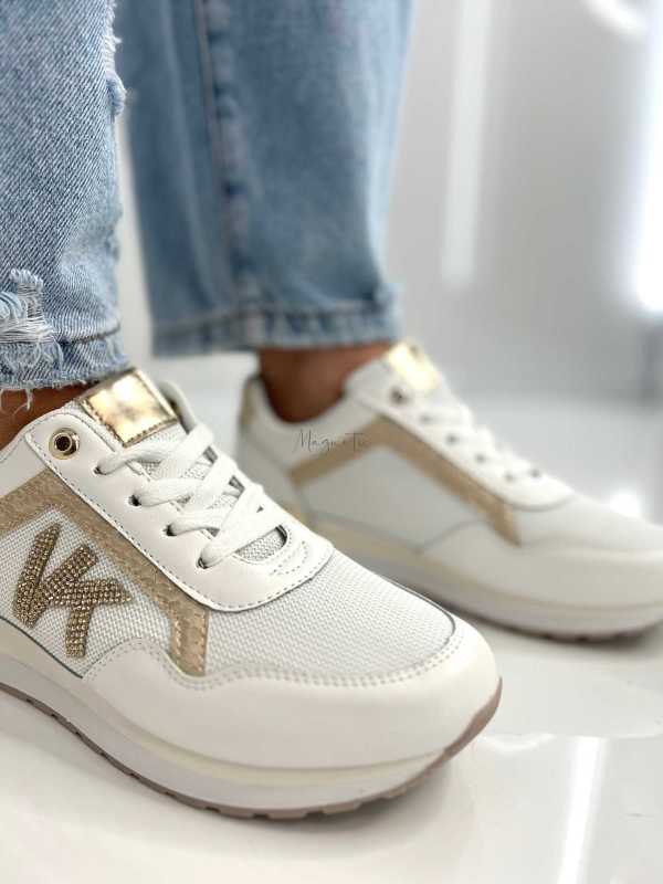 B205 Sneakersy Damskie Białe Adidasy Modne Buty Sportowe Złote Dodatki