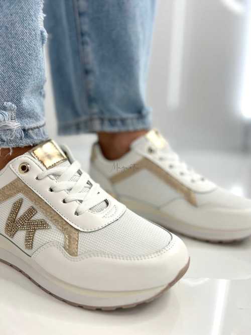 B205 Sneakersy Damskie Białe Adidasy Modne Buty Sportowe Złote Dodatki