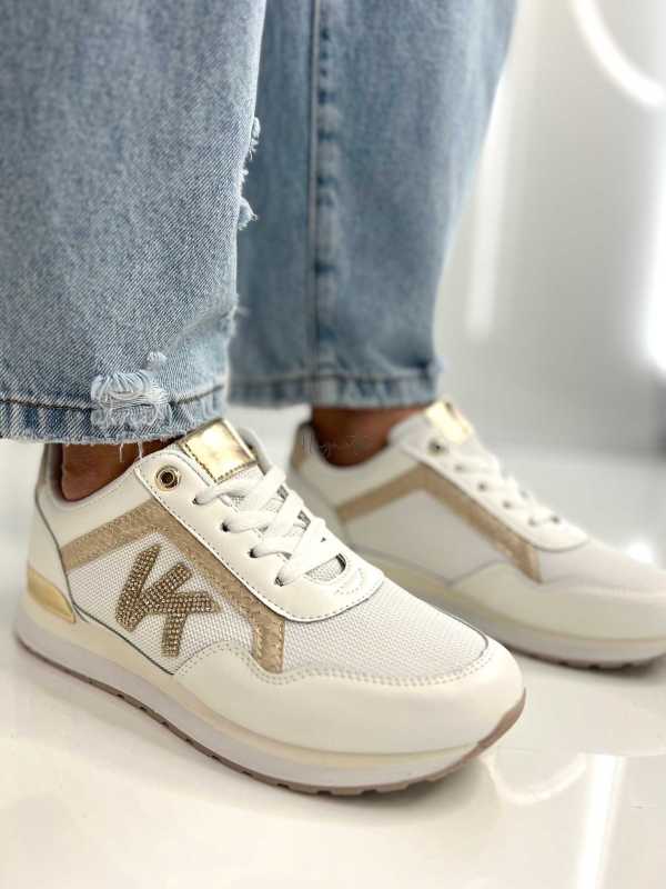 B205 Sneakersy Damskie Białe Adidasy Modne Buty Sportowe Złote Dodatki
