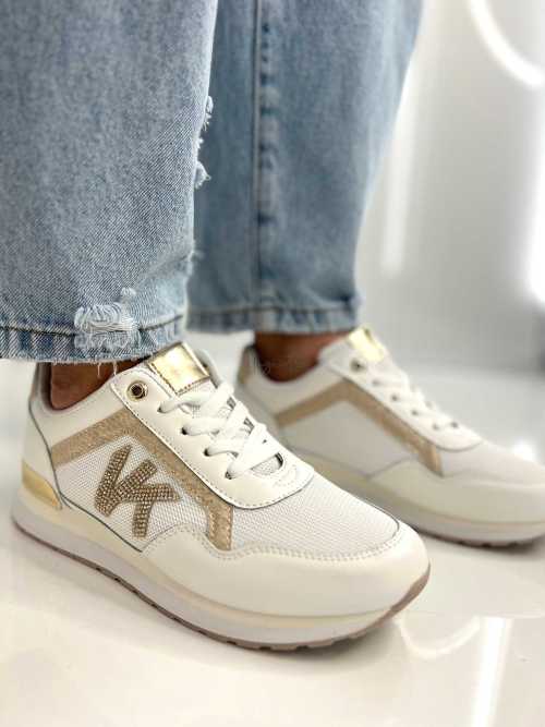 B205 Sneakersy Damskie Białe Adidasy Modne Buty Sportowe Złote Dodatki