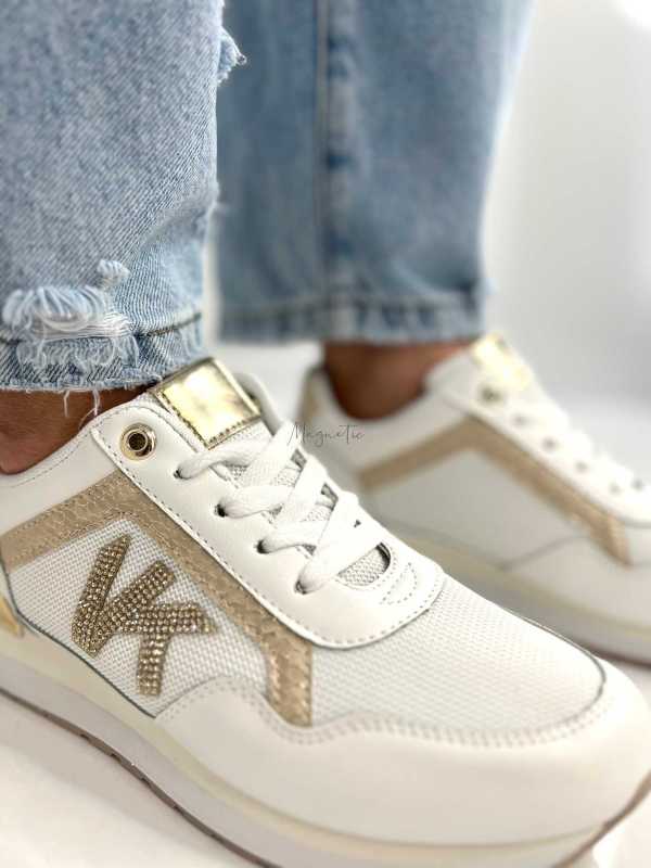 B205 Sneakersy Damskie Białe Adidasy Modne Buty Sportowe Złote Dodatki