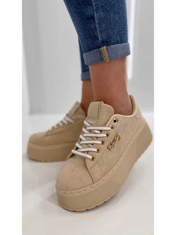 B204 Sneakersy Damskie Beżowe Na Platformie – Modne Buty Sportowe z Cyrkoniami i Złotymi Dodatkami, Ekoskóra Zamszowa