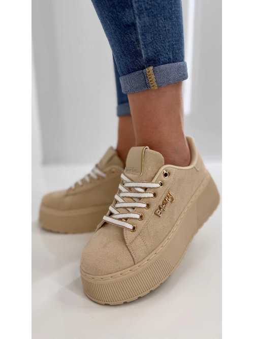 B204 Sneakersy Damskie Beżowe Na Platformie – Modne Buty Sportowe z Cyrkoniami i Złotymi Dodatkami, Ekoskóra Zamszowa