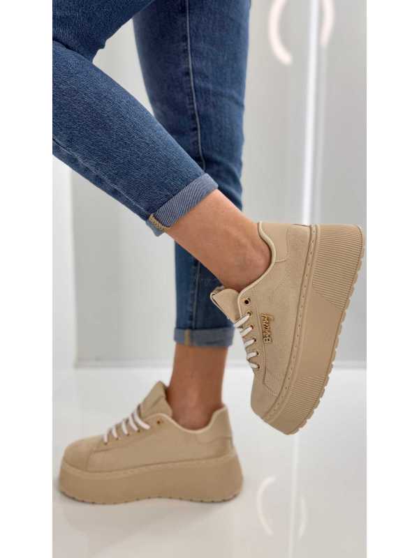 B204 Sneakersy Damskie Beżowe Na Platformie – Modne Buty Sportowe z Cyrkoniami i Złotymi Dodatkami, Ekoskóra Zamszowa