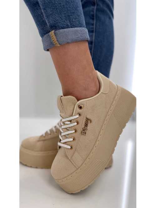 B204 Sneakersy Damskie Beżowe Na Platformie – Modne Buty Sportowe z Cyrkoniami i Złotymi Dodatkami, Ekoskóra Zamszowa