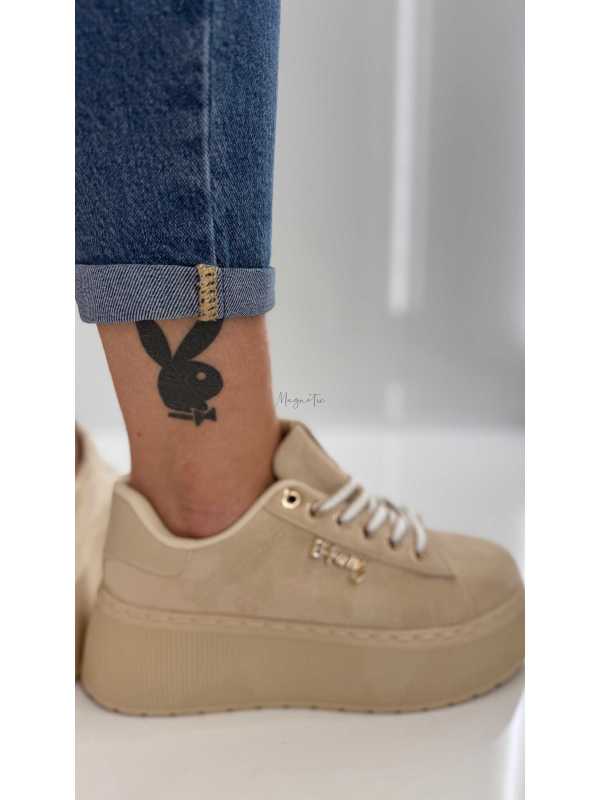 B204 Sneakersy Damskie Beżowe Na Platformie – Modne Buty Sportowe z Cyrkoniami i Złotymi Dodatkami, Ekoskóra Zamszowa