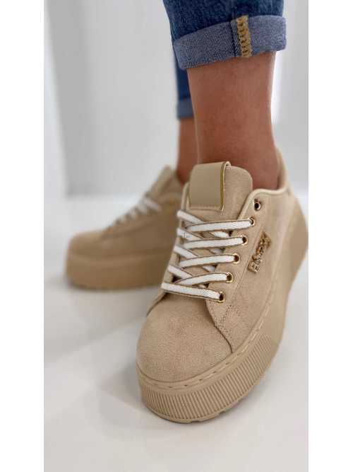 B204 Sneakersy Damskie Beżowe Na Platformie – Modne Buty Sportowe z Cyrkoniami i Złotymi Dodatkami, Ekoskóra Zamszowa