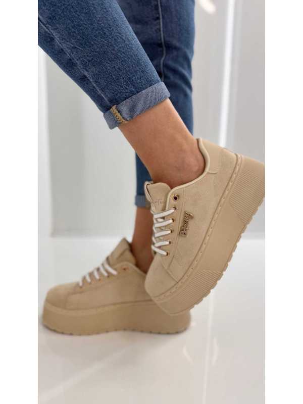 B204 Sneakersy Damskie Beżowe Na Platformie – Modne Buty Sportowe z Cyrkoniami i Złotymi Dodatkami, Ekoskóra Zamszowa