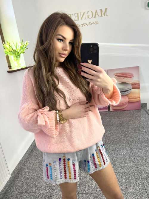 SW147 Sweter Damski Rękaw 3/4 Kokardki Pudrowy Róż