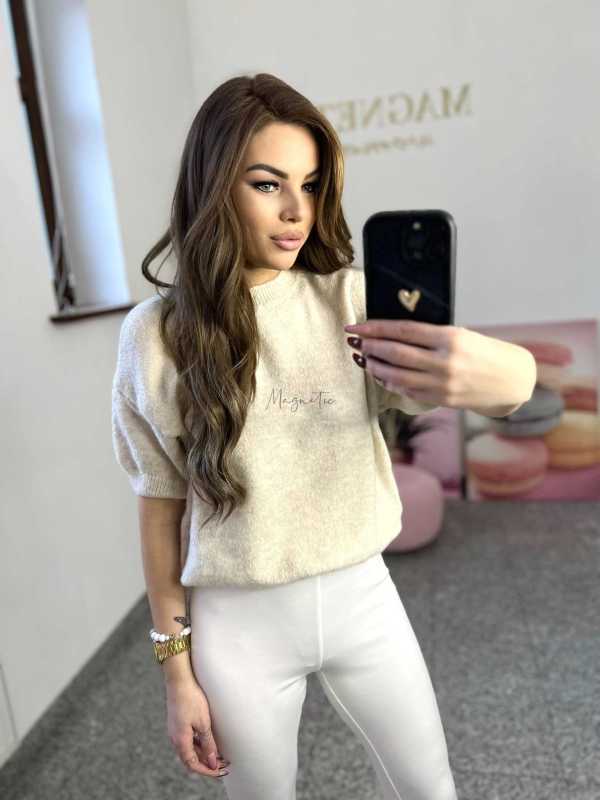 SW193 Sweter Damski z Krótkim Rękaw Verona Beżowy