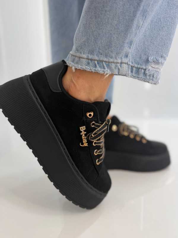 B204 Sneakersy Damskie Na Platformie – Modne Buty Sportowe z Cyrkoniami i Złotymi Dodatkami Ekoskóra Zamszowa Czarne