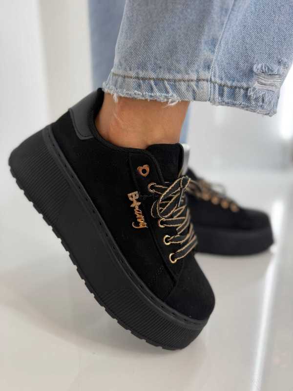 B204 Sneakersy Damskie Na Platformie – Modne Buty Sportowe z Cyrkoniami i Złotymi Dodatkami Ekoskóra Zamszowa Czarne