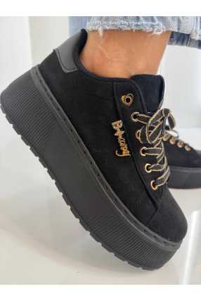 B204 Sneakersy Damskie Na Platformie – Modne Buty Sportowe z Cyrkoniami i Złotymi Dodatkami Ekoskóra Zamszowa Czarne