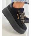 B204 Sneakersy Damskie Na Platformie – Modne Buty Sportowe z Cyrkoniami i Złotymi Dodatkami Ekoskóra Zamszowa Czarne