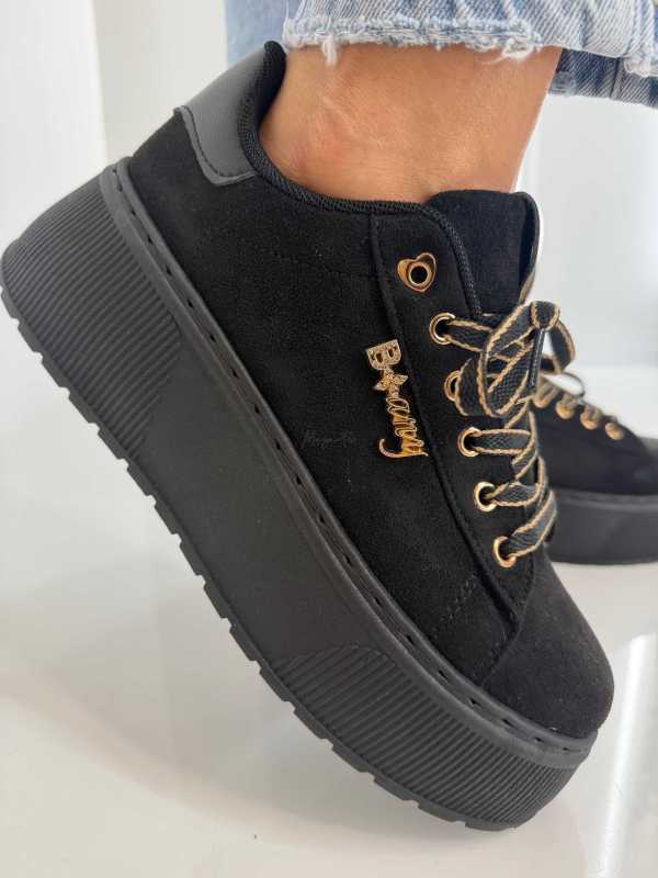B204 Sneakersy Damskie Na Platformie – Modne Buty Sportowe z Cyrkoniami i Złotymi Dodatkami Ekoskóra Zamszowa Czarne