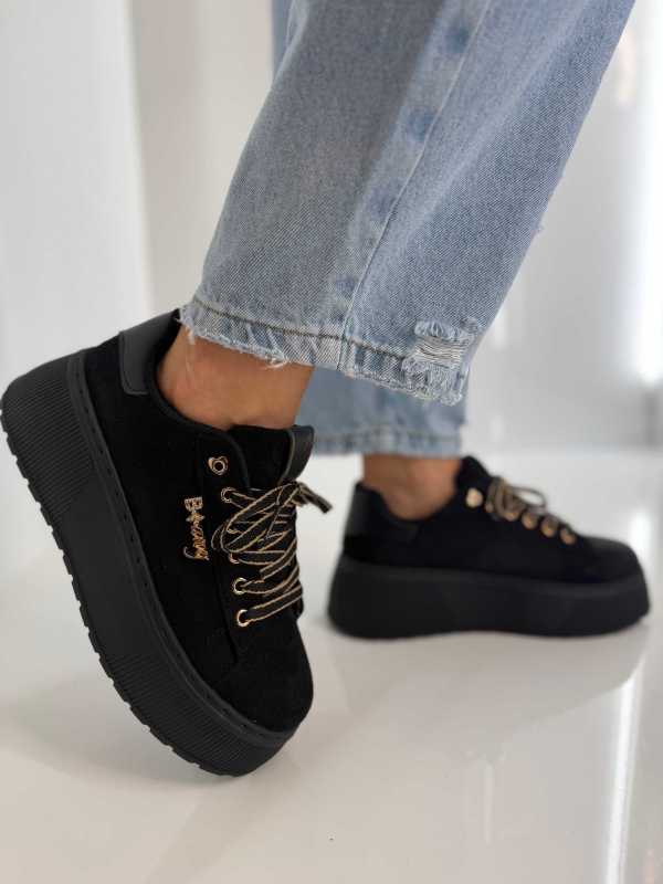 B204 Sneakersy Damskie Na Platformie – Modne Buty Sportowe z Cyrkoniami i Złotymi Dodatkami Ekoskóra Zamszowa Czarne