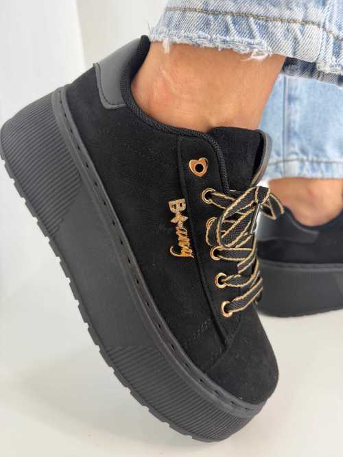 B204 Sneakersy Damskie Na Platformie – Modne Buty Sportowe z Cyrkoniami i Złotymi Dodatkami Ekoskóra Zamszowa Czarne