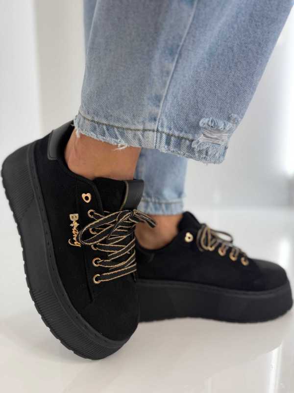 B204 Sneakersy Damskie Na Platformie – Modne Buty Sportowe z Cyrkoniami i Złotymi Dodatkami Ekoskóra Zamszowa Czarne