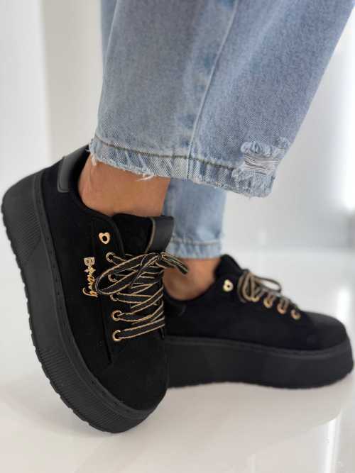 B204 Sneakersy Damskie Na Platformie – Modne Buty Sportowe z Cyrkoniami i Złotymi Dodatkami Ekoskóra Zamszowa Czarne