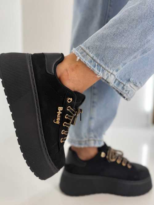 B204 Sneakersy Damskie Na Platformie – Modne Buty Sportowe z Cyrkoniami i Złotymi Dodatkami Ekoskóra Zamszowa Czarne