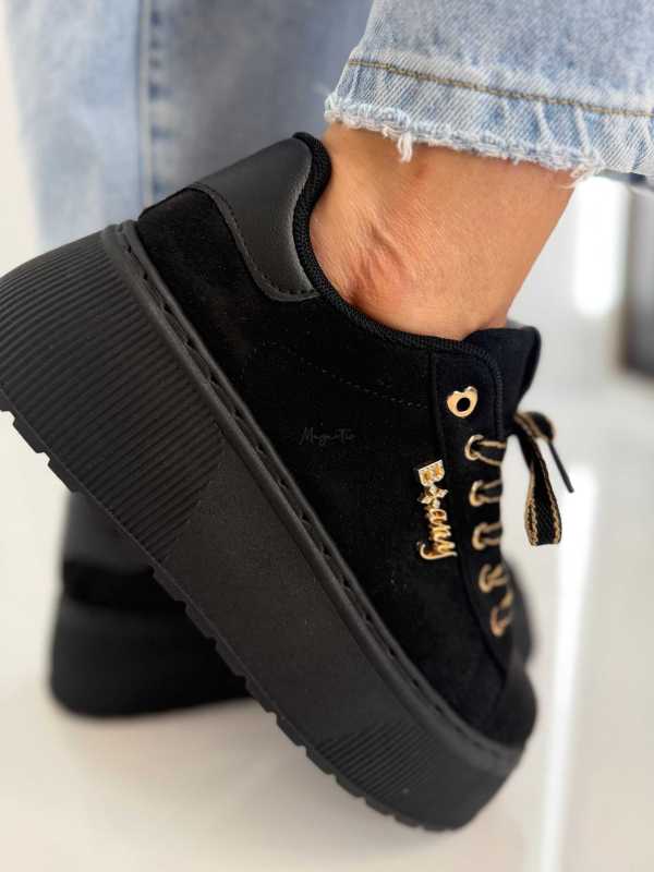 B204 Sneakersy Damskie Na Platformie – Modne Buty Sportowe z Cyrkoniami i Złotymi Dodatkami Ekoskóra Zamszowa Czarne