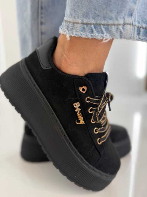 B204 Sneakersy Damskie Na Platformie – Modne Buty Sportowe z Cyrkoniami i Złotymi Dodatkami Ekoskóra Zamszowa Czarne