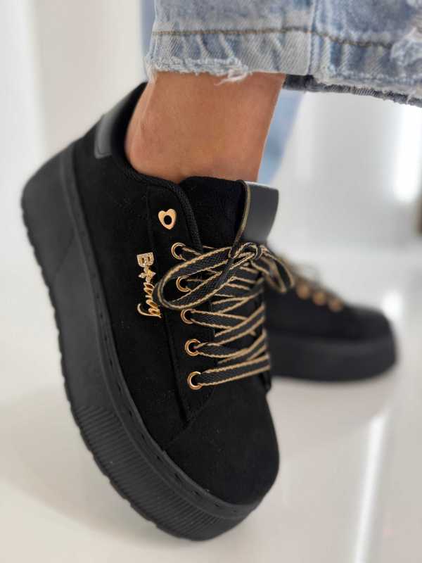 B204 Sneakersy Damskie Na Platformie – Modne Buty Sportowe z Cyrkoniami i Złotymi Dodatkami Ekoskóra Zamszowa Czarne