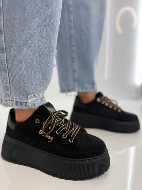 B204 Sneakersy Damskie Na Platformie – Modne Buty Sportowe z Cyrkoniami i Złotymi Dodatkami Ekoskóra Zamszowa Czarne