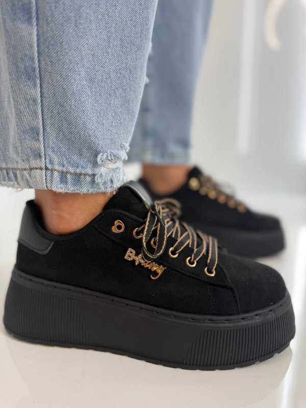 B204 Sneakersy Damskie Na Platformie – Modne Buty Sportowe z Cyrkoniami i Złotymi Dodatkami Ekoskóra Zamszowa Czarne