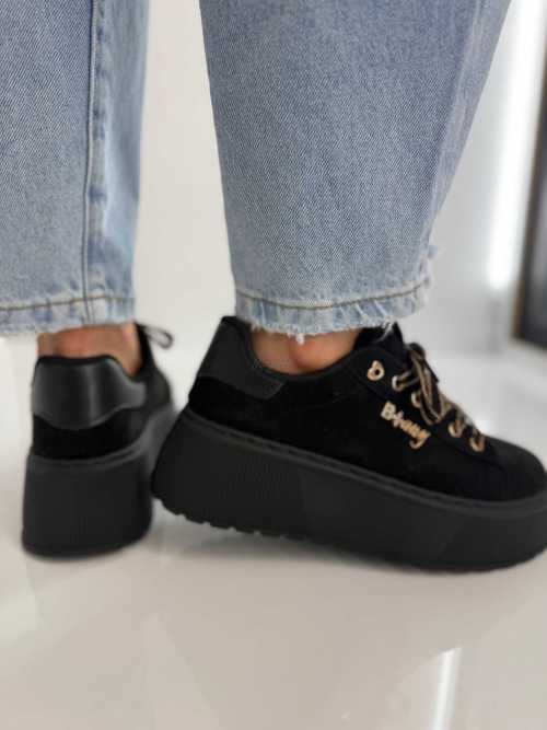 B204 Sneakersy Damskie Na Platformie – Modne Buty Sportowe z Cyrkoniami i Złotymi Dodatkami Ekoskóra Zamszowa Czarne