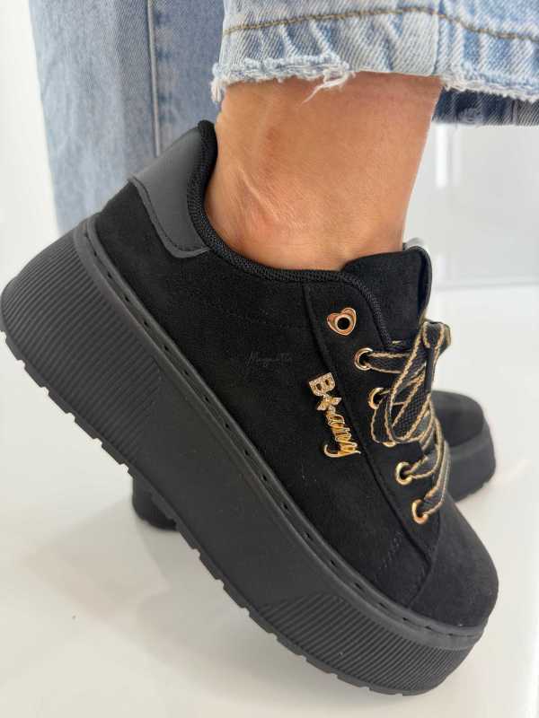 B204 Sneakersy Damskie Na Platformie – Modne Buty Sportowe z Cyrkoniami i Złotymi Dodatkami Ekoskóra Zamszowa Czarne