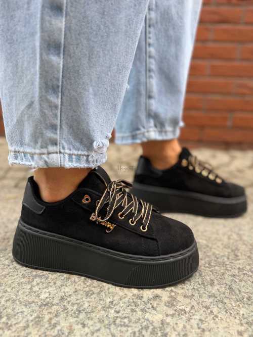 B204 Sneakersy Damskie Na Platformie – Modne Buty Sportowe z Cyrkoniami i Złotymi Dodatkami Ekoskóra Zamszowa Czarne
