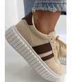 B260 Sneakersy Damskie Trampki Beżowe Na Platformie – Modne Buty Sportowe z Paskami Ekoskóra Zamszowa Beżowe